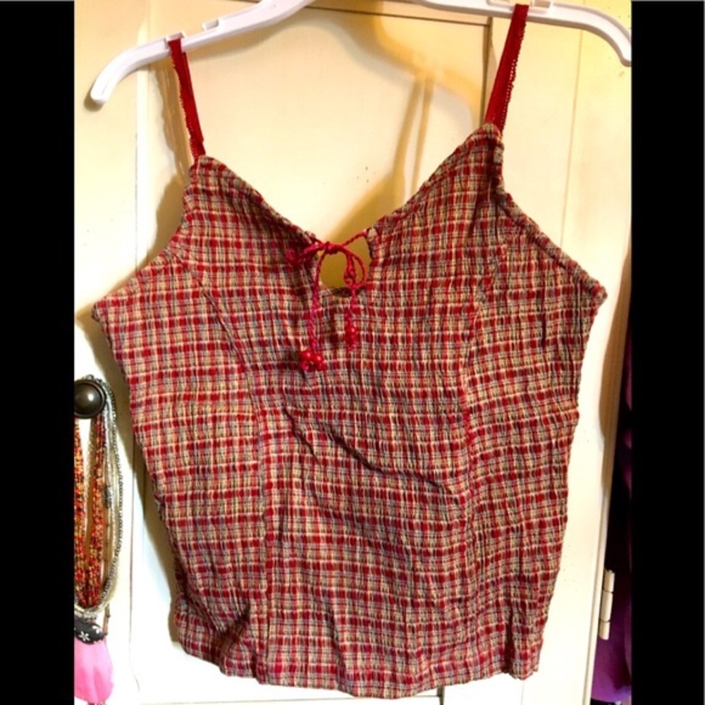 Vintage Red, Tan, & Blue Plaid pattern cropped tank w/ pleats & Keyhole Neckline